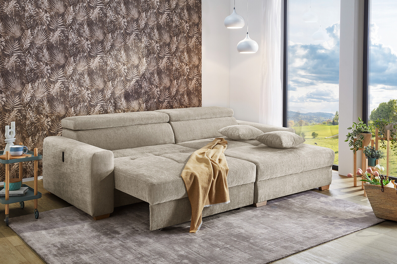 Ecksofa mit elektrischer XXL Sitztiefenverstellung beige Flachgewebe B/H/T: ca. 277x109x187 cm Ecksofa mit elektrischer XXL Sitztiefenverstellung beige Flachgewebe B/H/T: ca. 277x109x187 cm