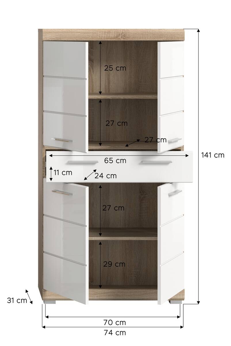 Midischrank Lambada Eiche Sonoma Nachbildung weiß Hochglanz B/H/T: ca. 74x141x31 cm