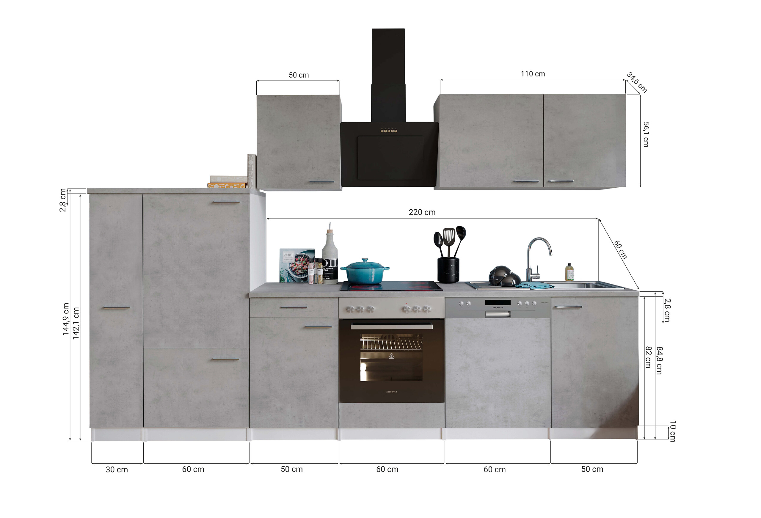 Respekta Küchenblock Malia Beton Optik B/H/T: ca. 310x200x60 cm