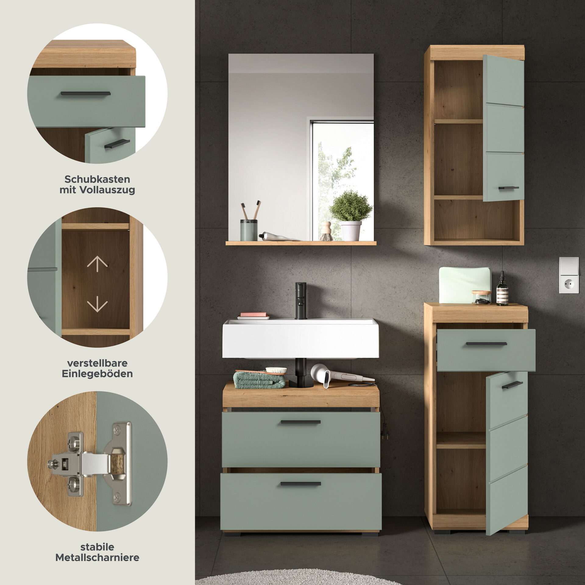 Badezimmer-Set Scout Eiche Artisan Nachbildung salbei Nachbildung B/H/T: ca. 112x191x37 cm