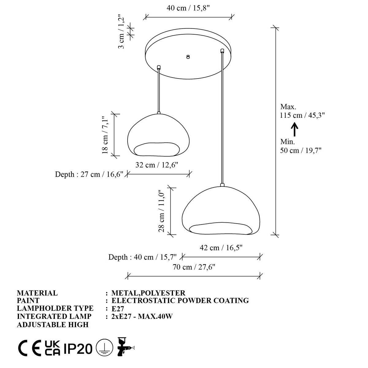 Opviq Pendelleuchte weiß Fiberglas Metall B/T/L: ca. 70x70x70 cm E27 2 Brennstellen
