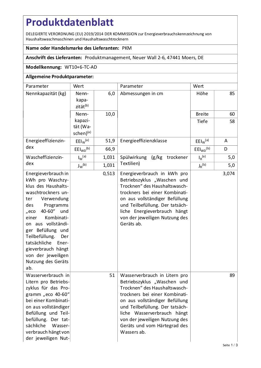 PKM Waschtrockner WT10+6-TC-AD weiß ca. 10 kg