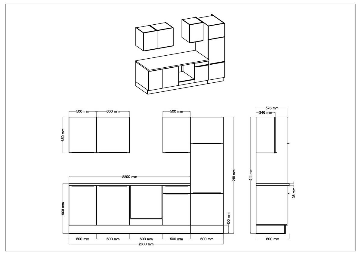 Respekta Küchenblock Marleen weiß Hochglanz B/H/T: ca. 280x211x60 cm