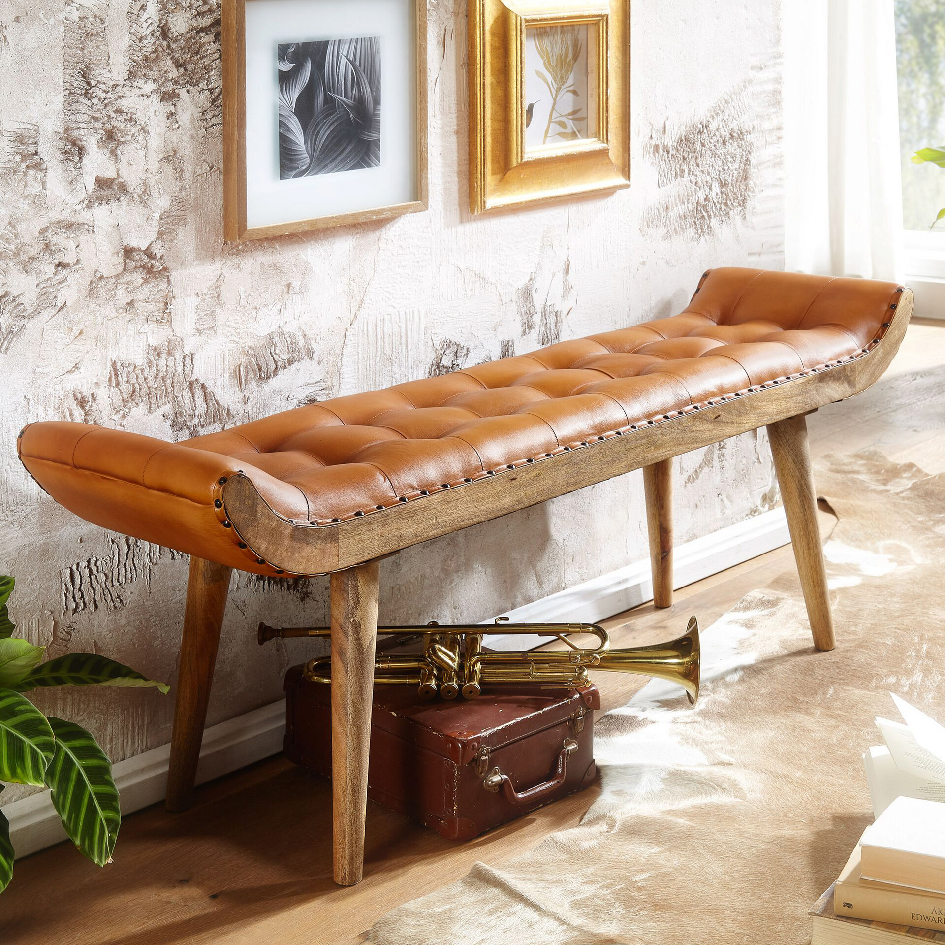 Wohnling Sitzbank braun natur Leder Echtholz B/H/T: ca. 125x50x38 cm