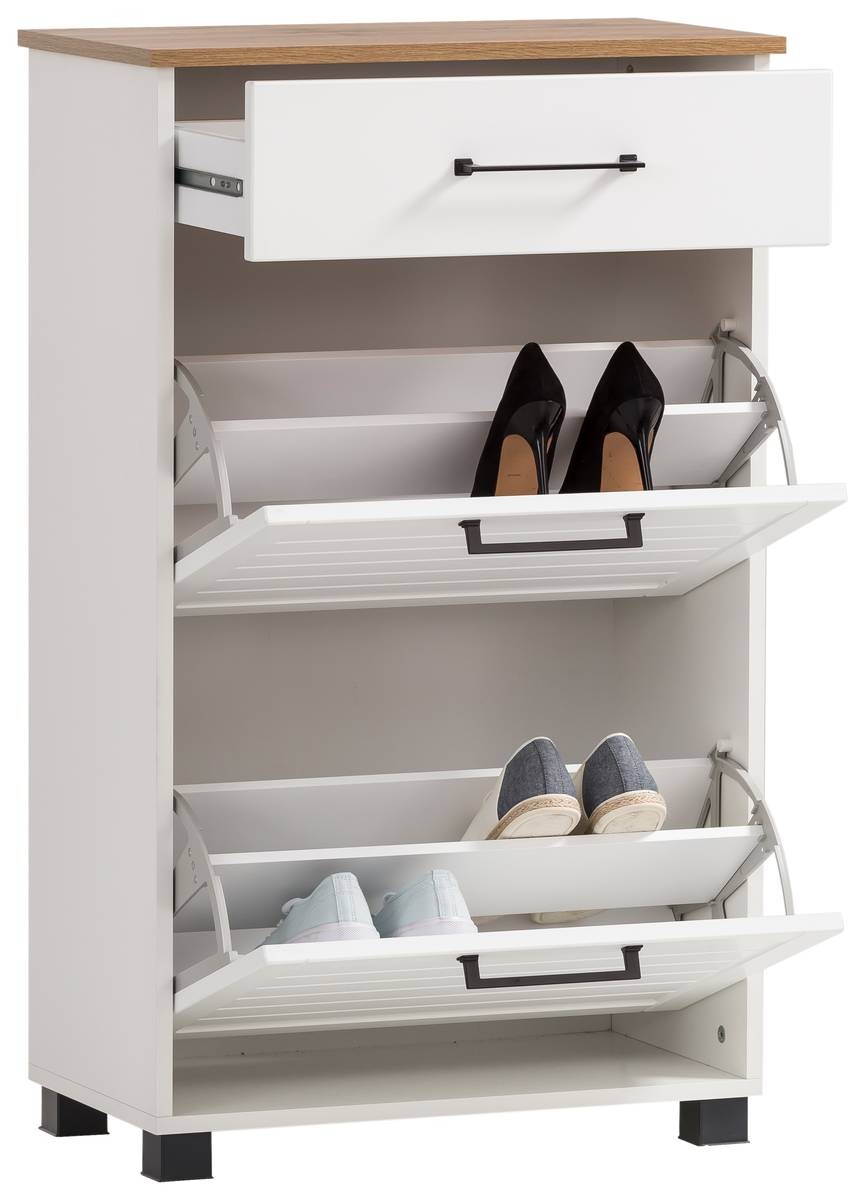 Schuhschrank Jelda weiß matt Eiche Landhaus Nachbildung B/H/T: ca. 62x102x34,1 cm