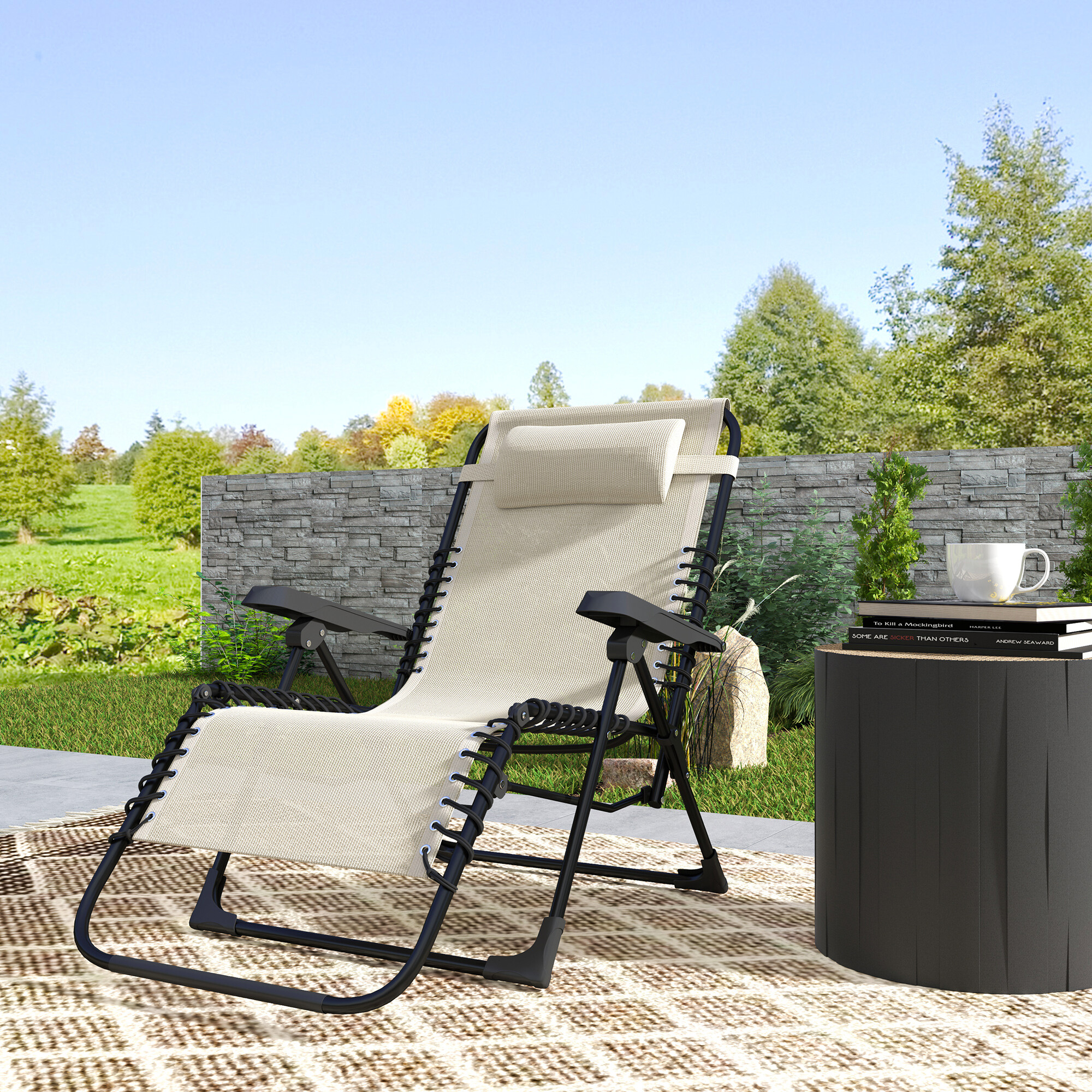 Outsunny Sonnenliege beige Netzstoff B/H/L: ca. 65x112x90 cm