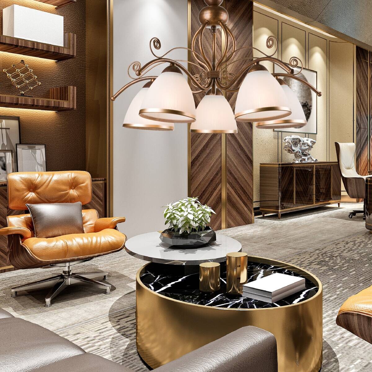 Lamkur Pendelleuchte Retro II braun Stahl Glas H/L: ca. 73x49 cm E27 5 Brennstellen