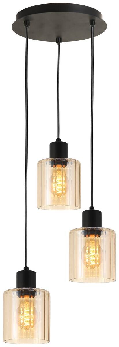 POCOline Pendelleuchte Pim schwarz amber Glas Metall H/D: ca. 120x29 cm E27 3 Brennstellen