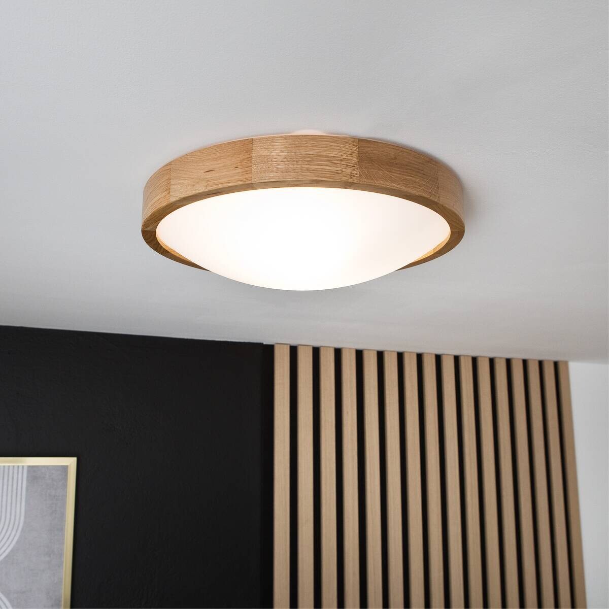 Lamkur Deckenleuchte Anello Eiche Glas Holz H/L: ca. 8x37 cm E27 2 Brennstellen