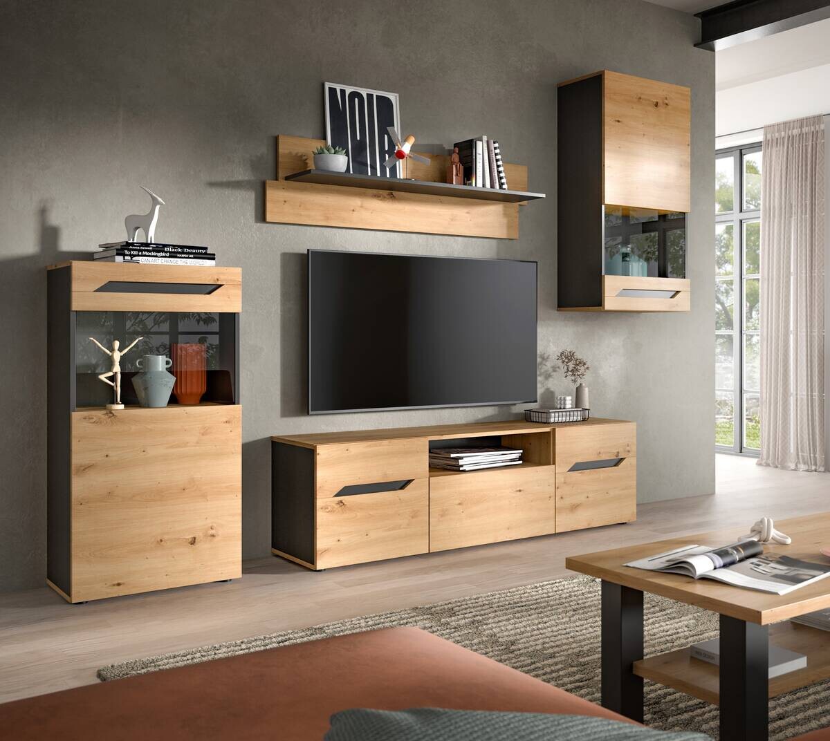 Wohnwand Caserta basaltgrau Nachbildung Artisan Oak Nachbildung B/H/T: ca. 253x196x40 cm