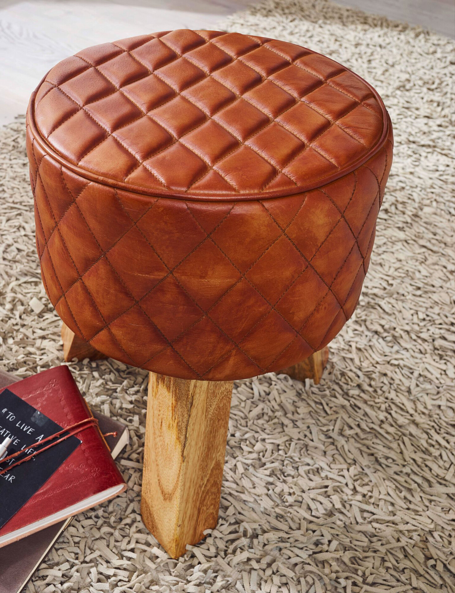 Wohnling Sitzhocker braun natur Leder Echtholz B/H/T: ca. 35x46x35 cm