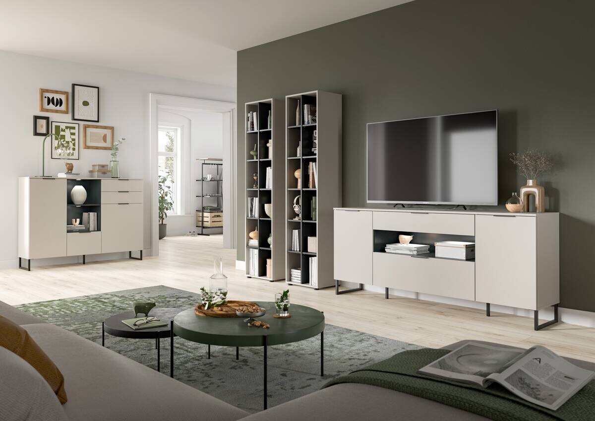 Wohnwand Noida Kaschmirgrau Nachbildung schwarz B/H/T: ca. 305x192x41 cm