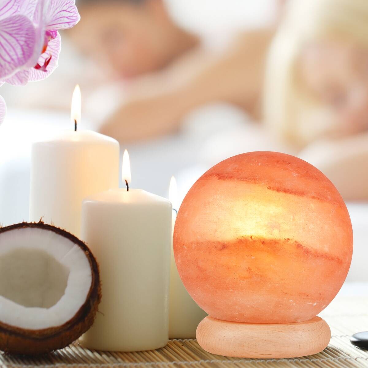 Lamkur Salzleuchte orange beige Holz B/H/L: ca. 16x16x16 cm E14 1 Brennstellen