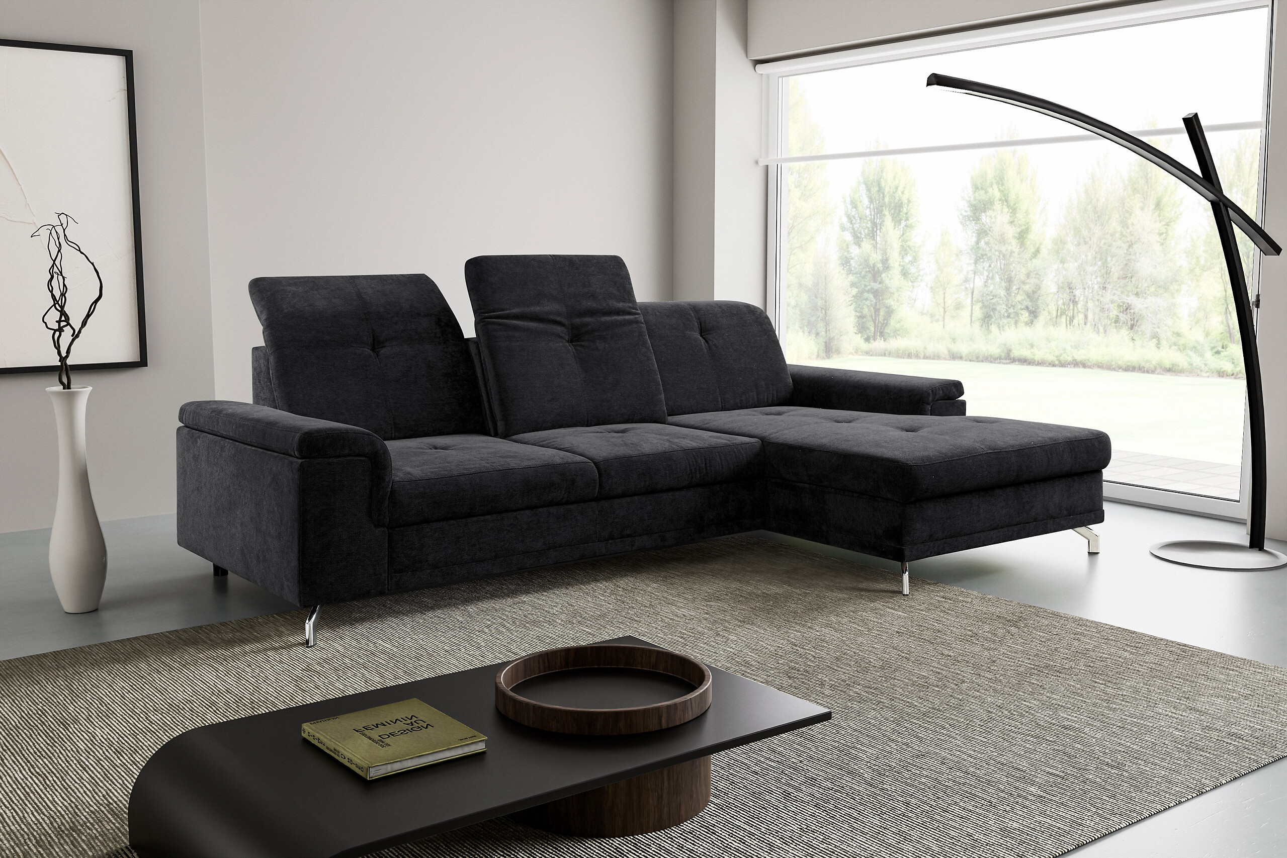 Ecksofa mit Bettfunktion und Bettkasten schwarz Microfaser B/H/T: ca. 270x104x170 cm