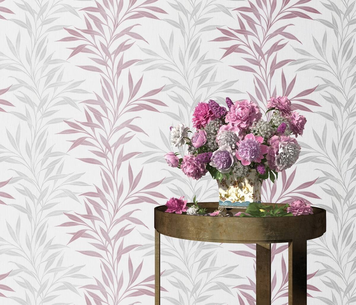 Vliestapete Blätter rosa grau weiß B/L: ca. 53x1005 cm