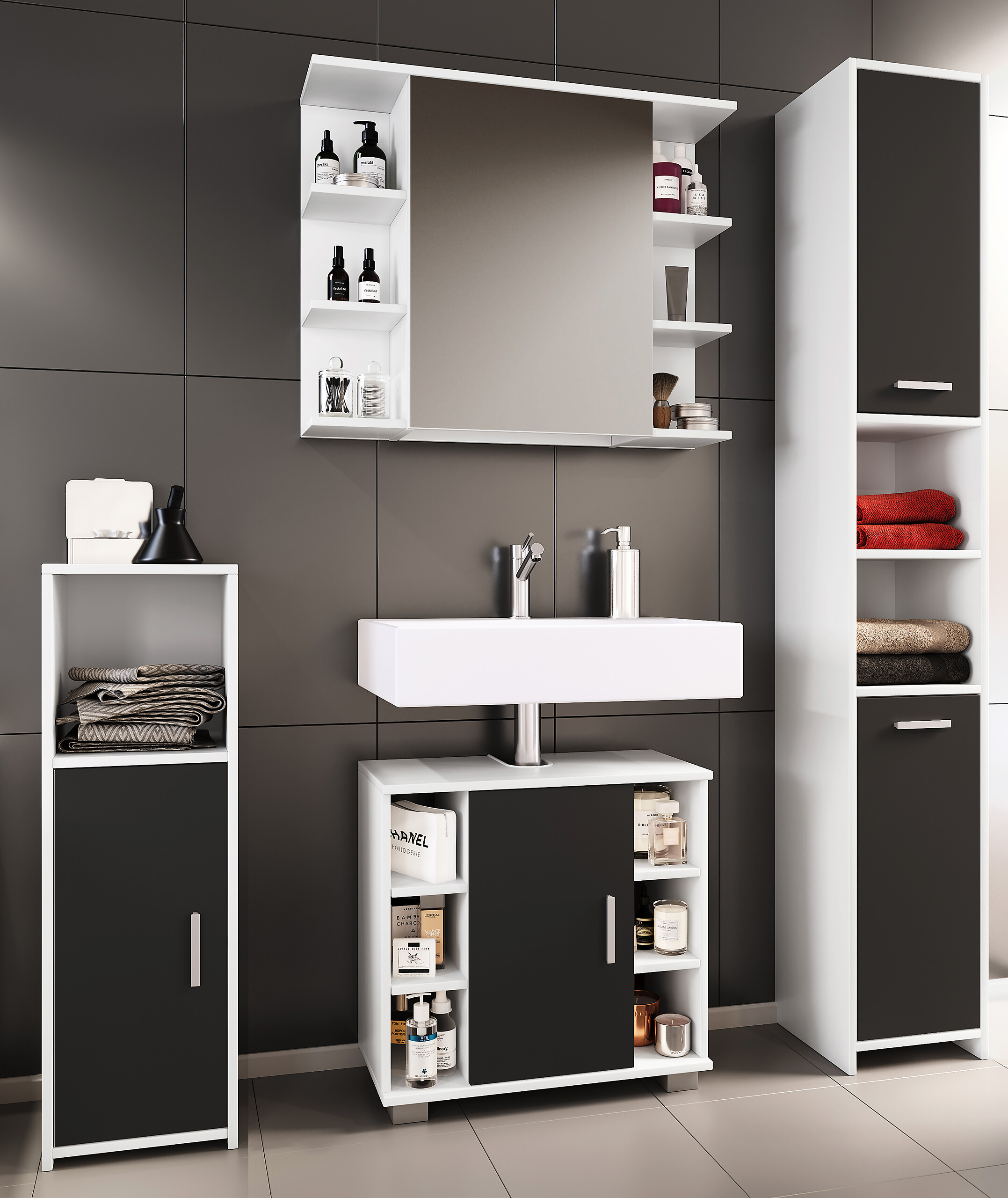 Badezimmer-Set Zalo weiß schwarz B/H/T: ca. 140x180x30 cm Badezimmer-Set Zalo weiß schwarz B/H/T: ca. 140x180x30 cm