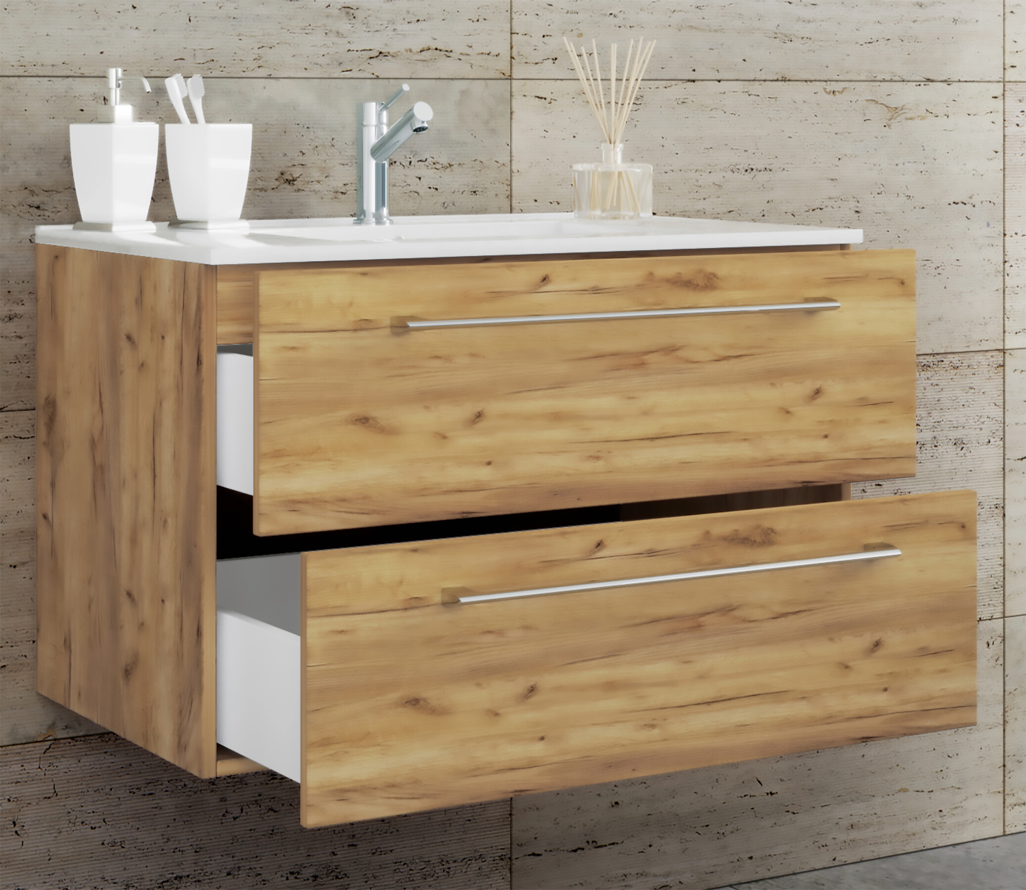 Badblock 2tlg-Badinos weiß Eiche Honig Nachbildung B/H/T: ca. 81x52x46 cm