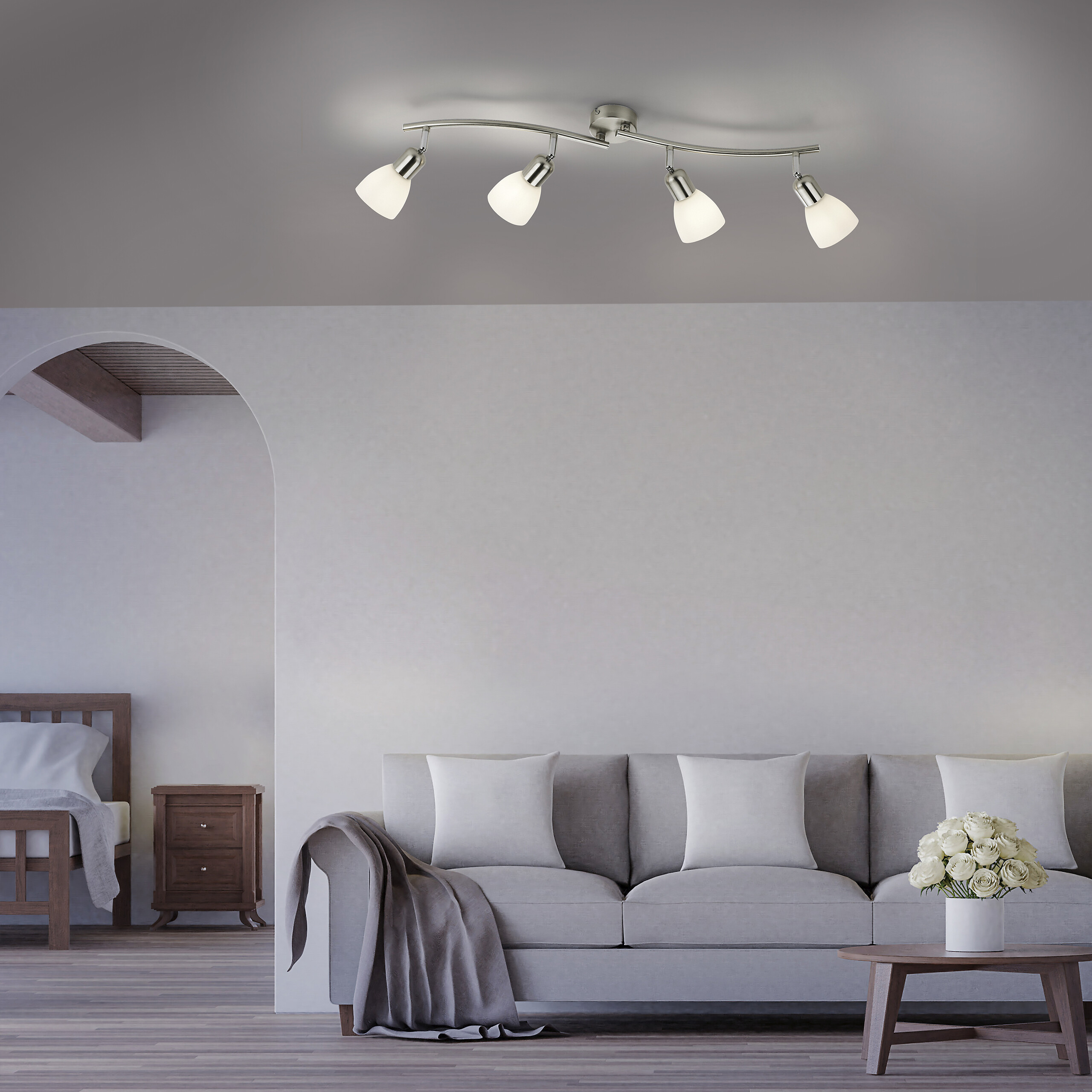 Just Light Spotbalken PN11954-55  Karo stahlfarbig weiß Aluminium Kunststoff Glas B/H/L: ca. 22x21x87 cm E14 4 Brennstellen