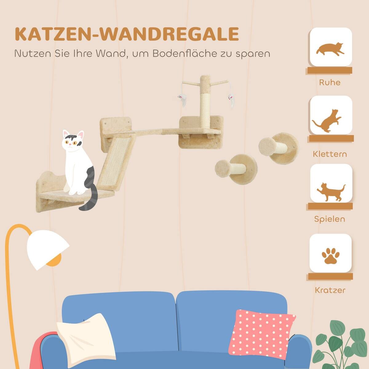 PawHut Katzen Kletterwand Set beige Plüsch B/H/L: ca. 56x73x110 cm
