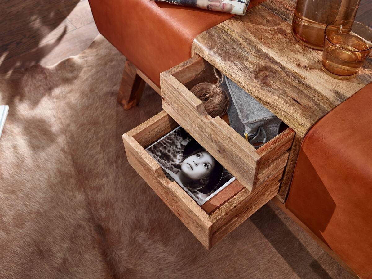 Wohnling Sitzbank braun natur Leder Echtholz B/H/T: ca. 120x56x30 cm