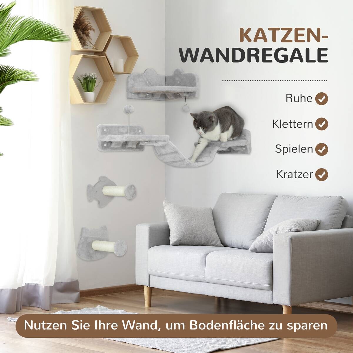 PawHut Katzen Kletterwand Set hellgrau Plüsch B/H/L: ca. 26x12,5x90 cm