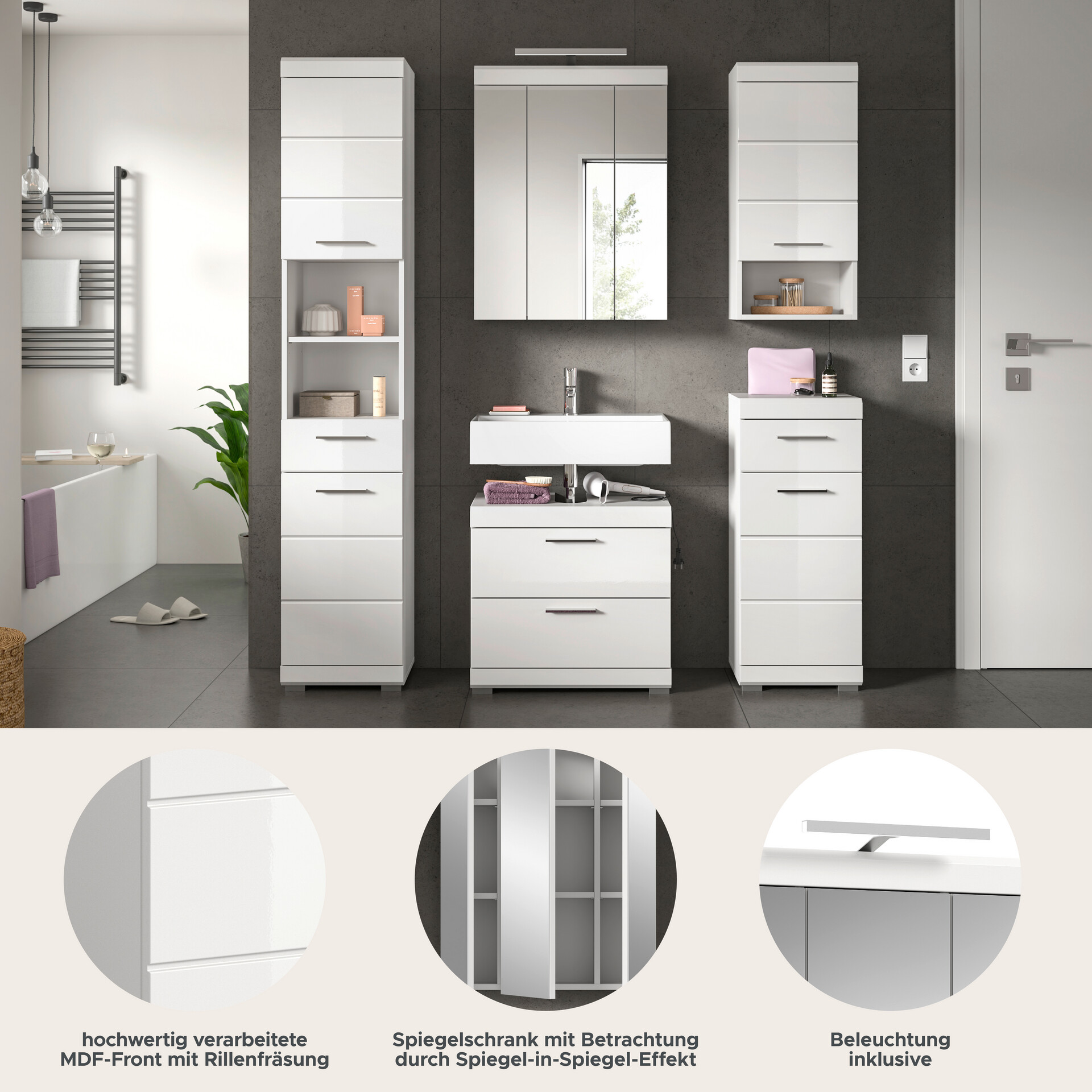 Badezimmer-Set Scout weiß weiß Hochglanz B/H/T: ca. 164x191x34 cm