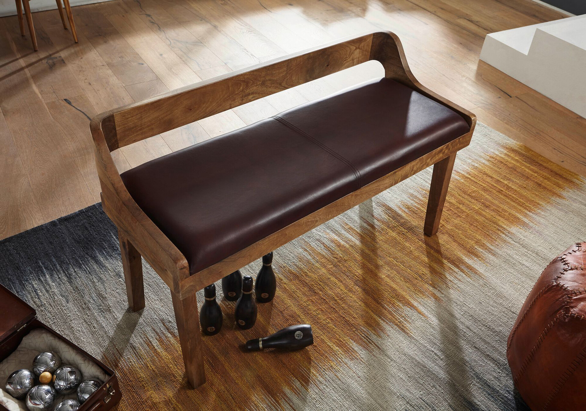 Wohnling Sitzbank dunkelbraun natur Leder Echtholz B/H/T: ca. 108x63x43 cm