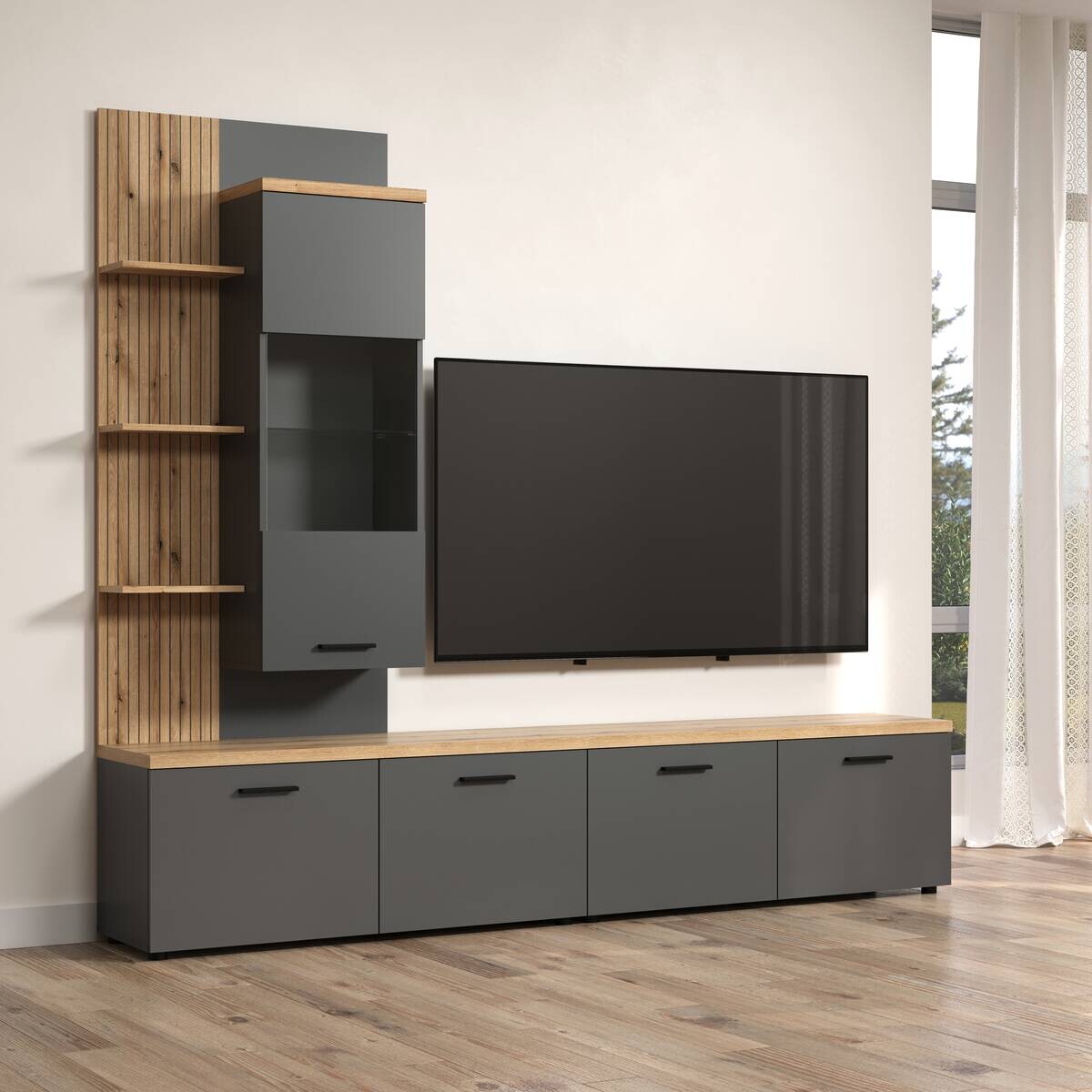 Wohnwand Baggio Eiche Evoke Coast Nachbildung anthrazit B/H/T: ca. 240x211x40 cm