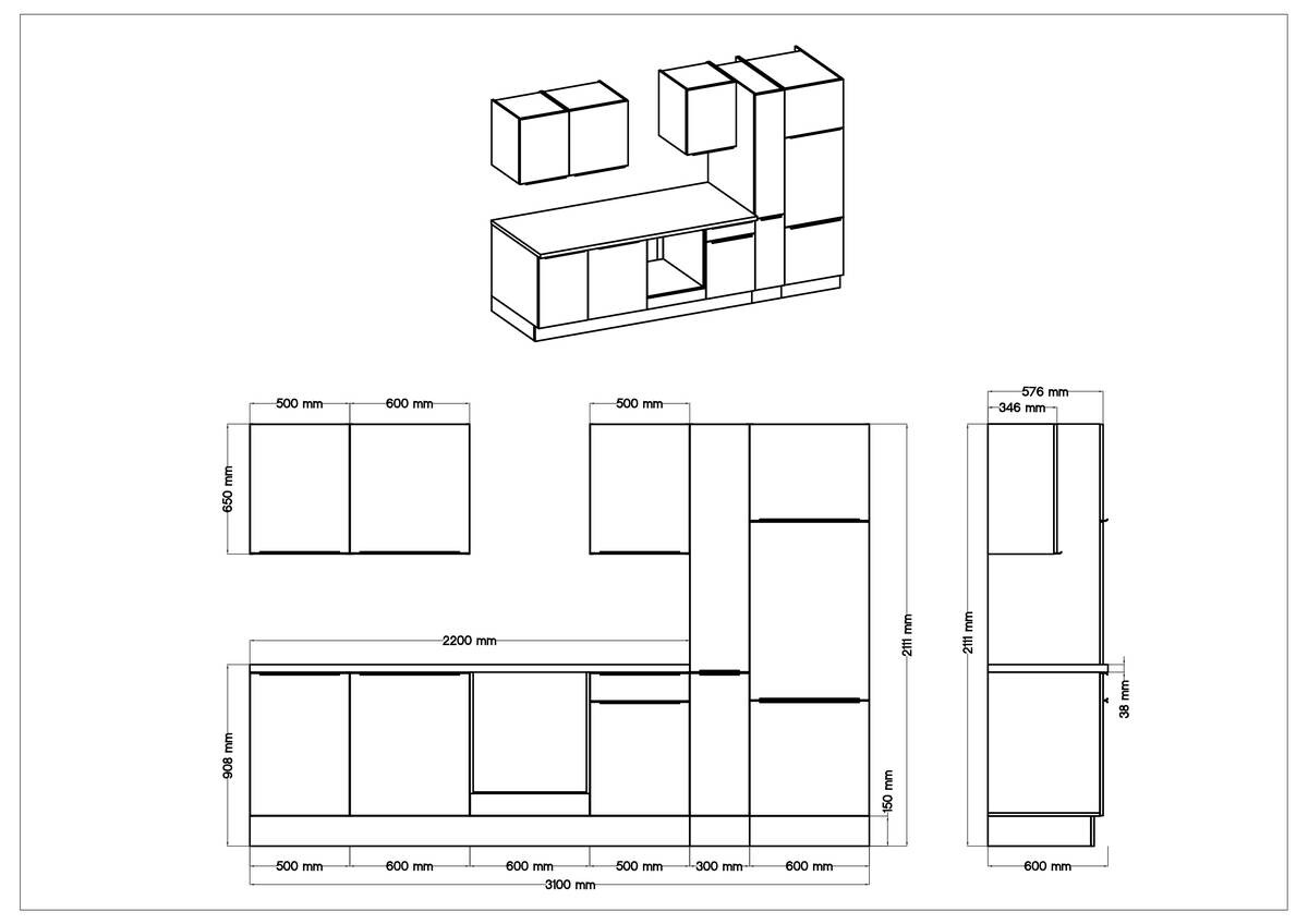 Respekta Küchenblock Marleen weiß Hochglanz B/H/T: ca. 310x211x60 cm