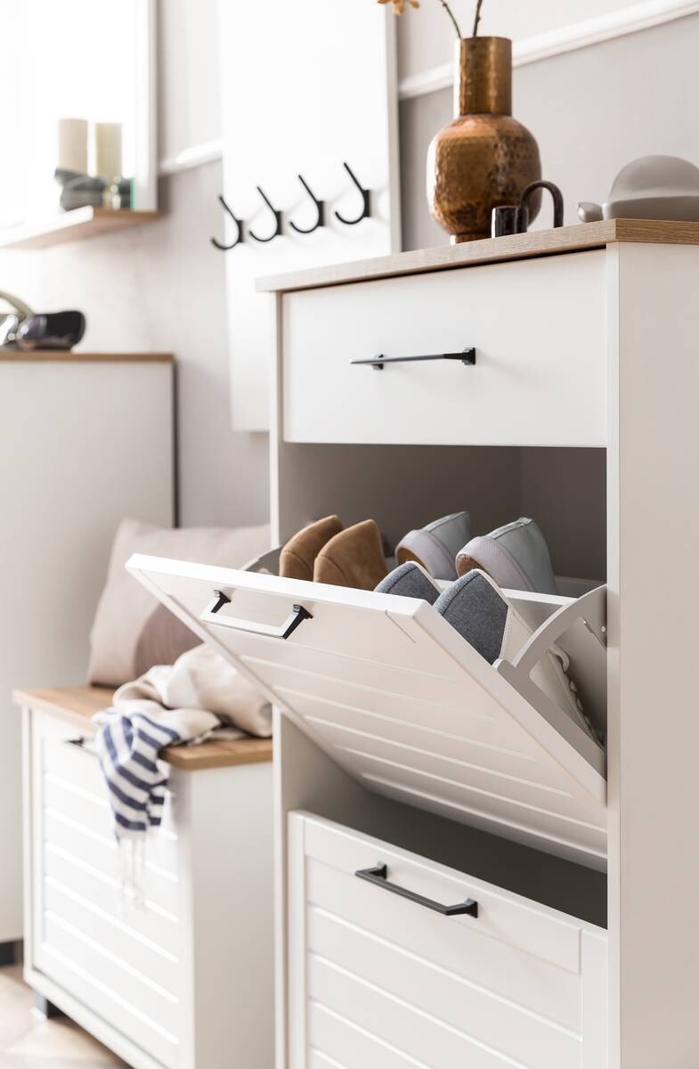 Schuhschrank Jelda weiß matt Eiche Landhaus Nachbildung B/H/T: ca. 62x102x34,1 cm