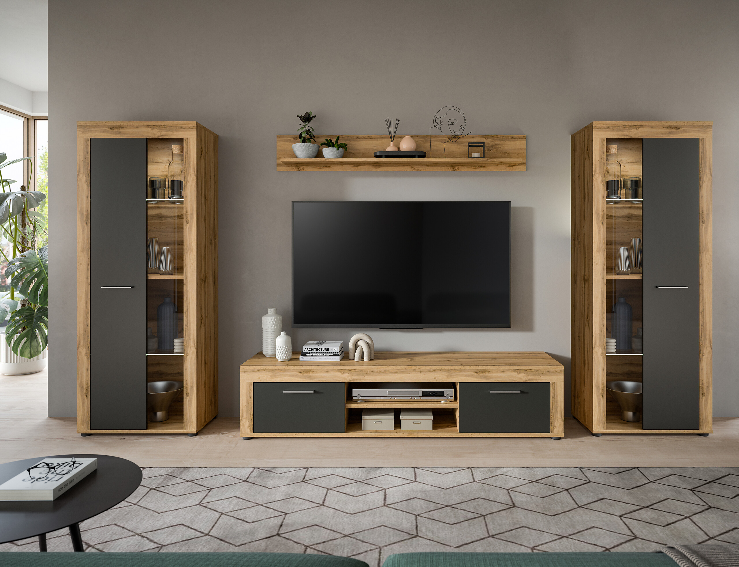 Wohnwand Jam Eiche Wotan Nachbildung grau B/H/T: ca. 310x159x35 cm