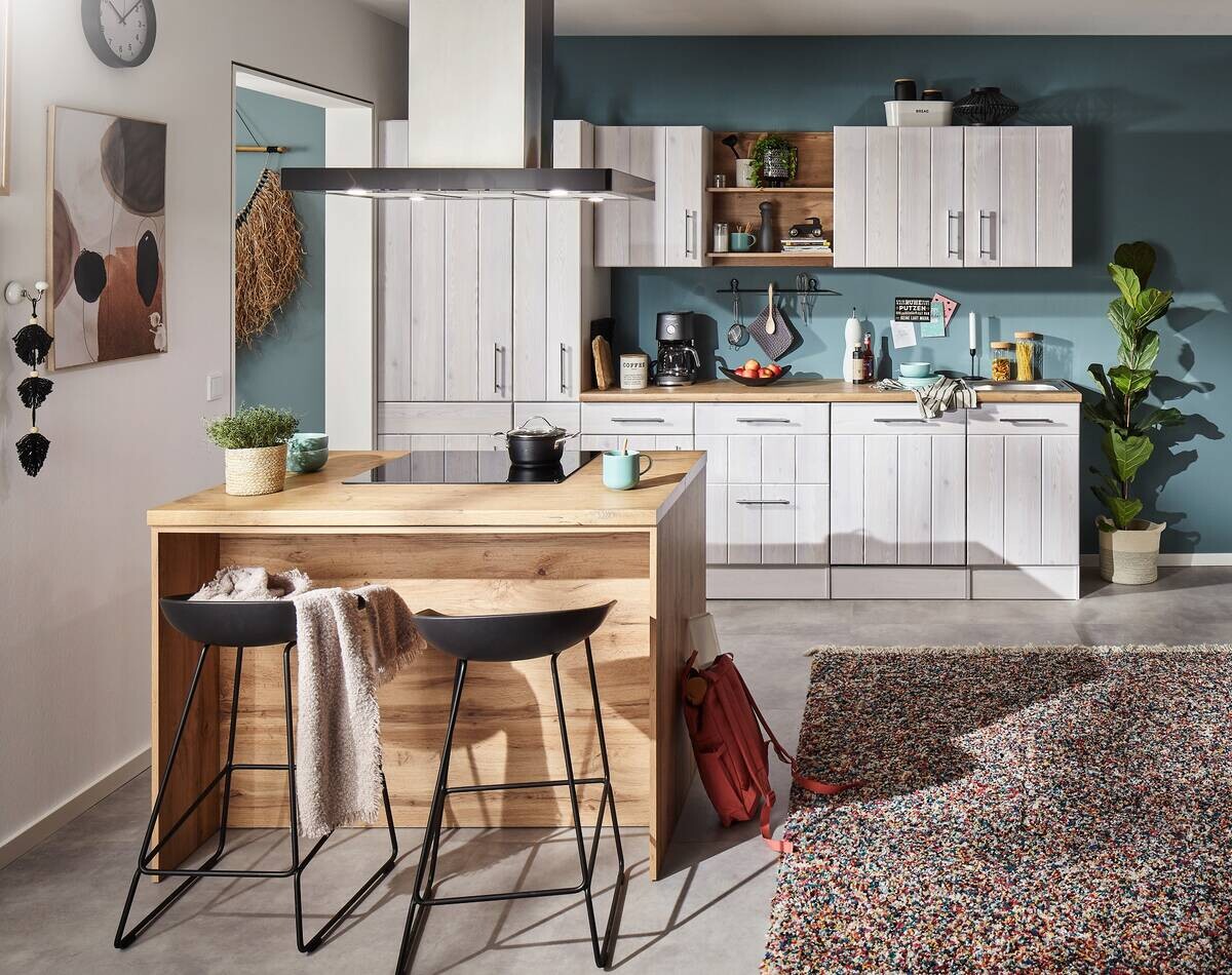 Respekta Inselküche Anton weiß Lärche Nachbildung B/H/T: ca. 310x211x60 cm