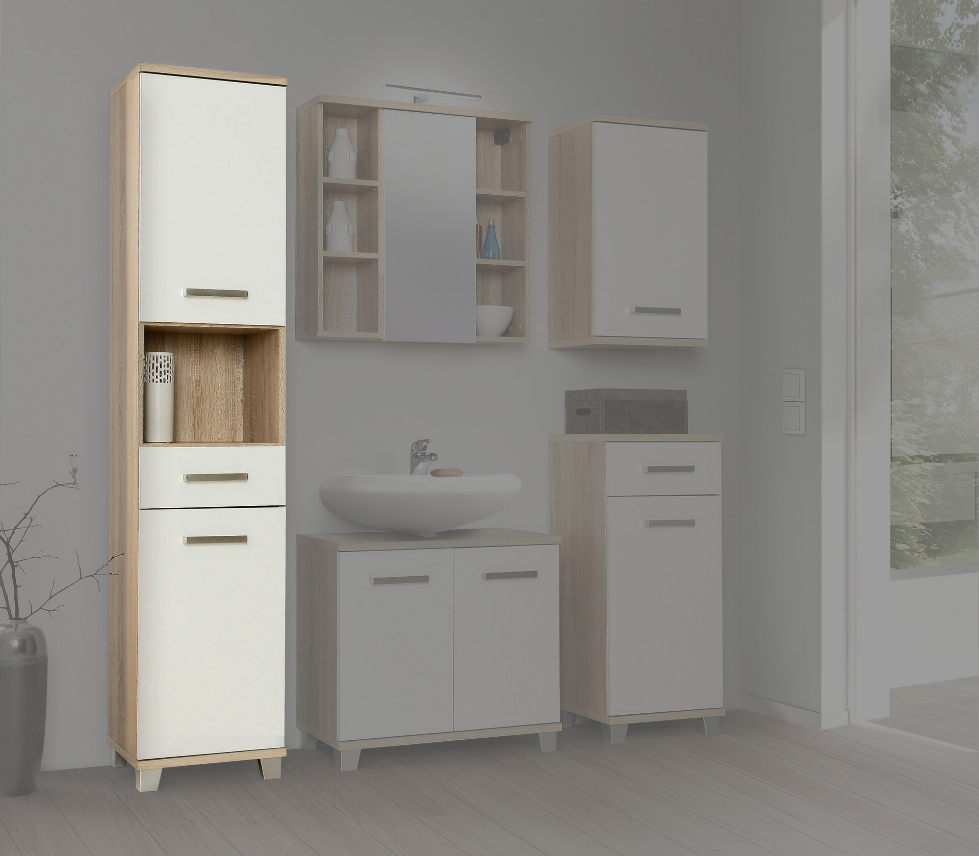 Badhochschrank  Eiche Sonoma Nachbildung weiß B/H/T: ca. 40,2x186,8x34,8 cm