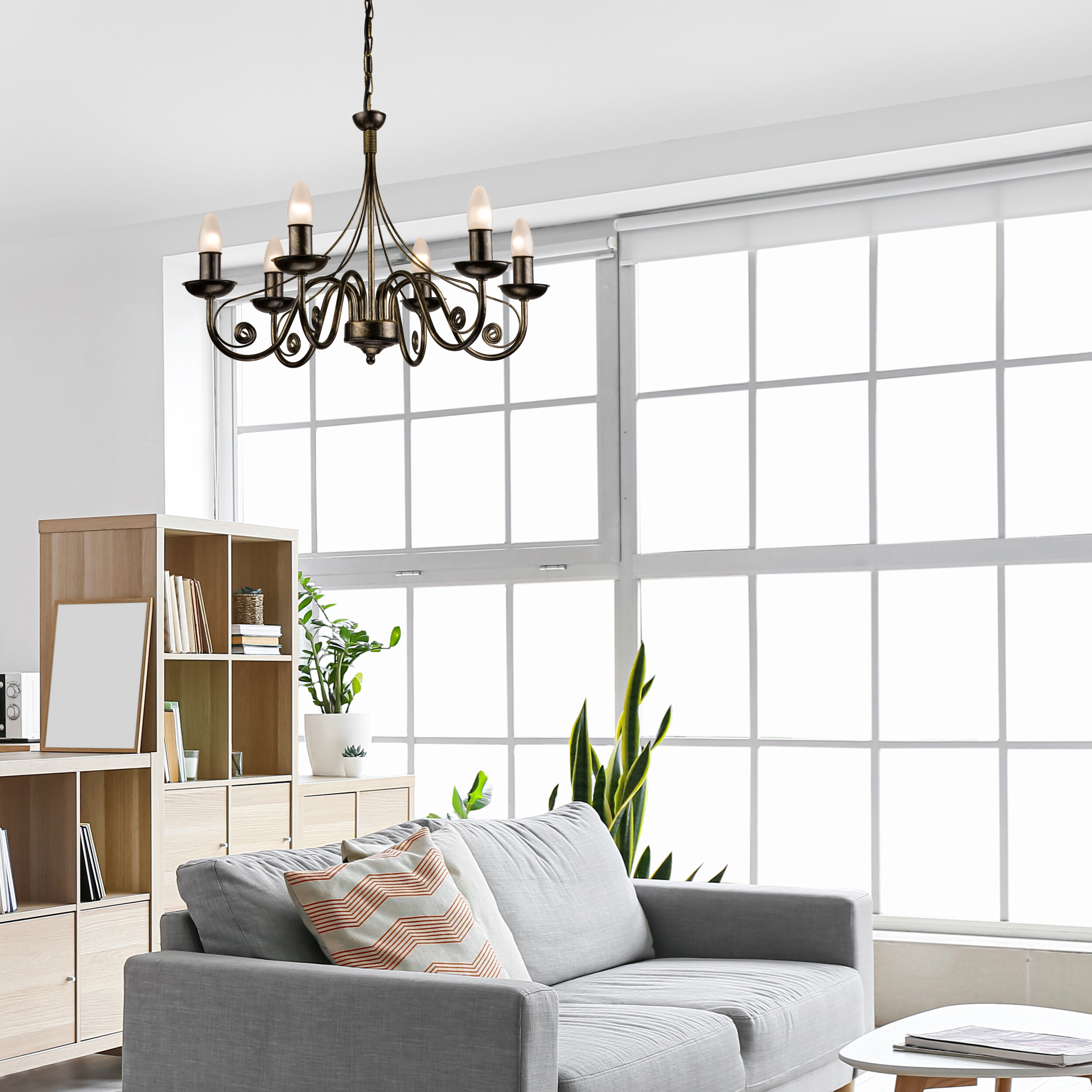 Lamkur Kronleuchter Donato schwarz Stahl B/H/L: ca. 57x72x57 cm E14 6 Brennstellen