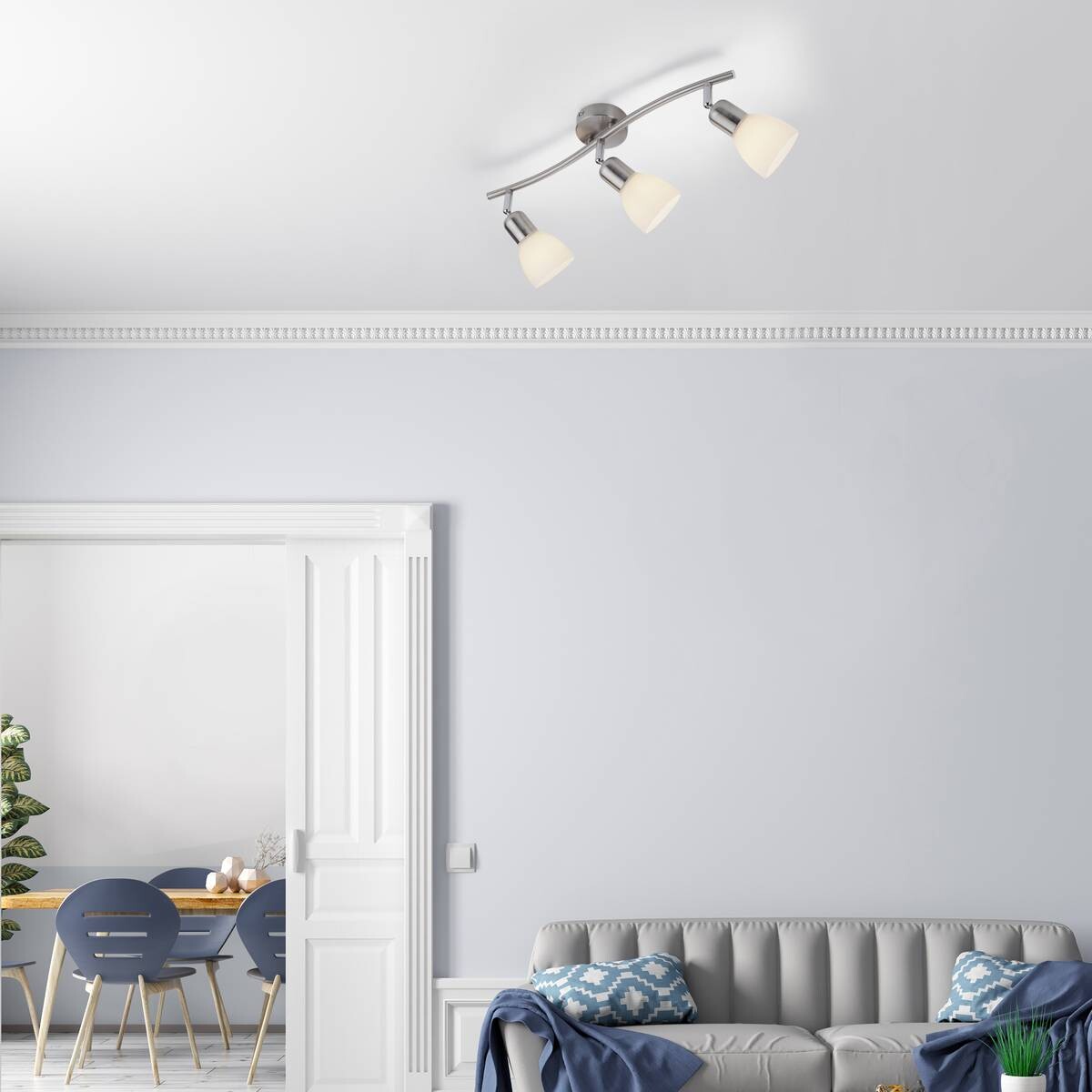 Just Light Spotbalken PN11953-55 Karo stahlfarbig weiß Aluminium Kunststoff Glas B/H/L: ca. 22x21x68 cm E14 3 Brennstellen