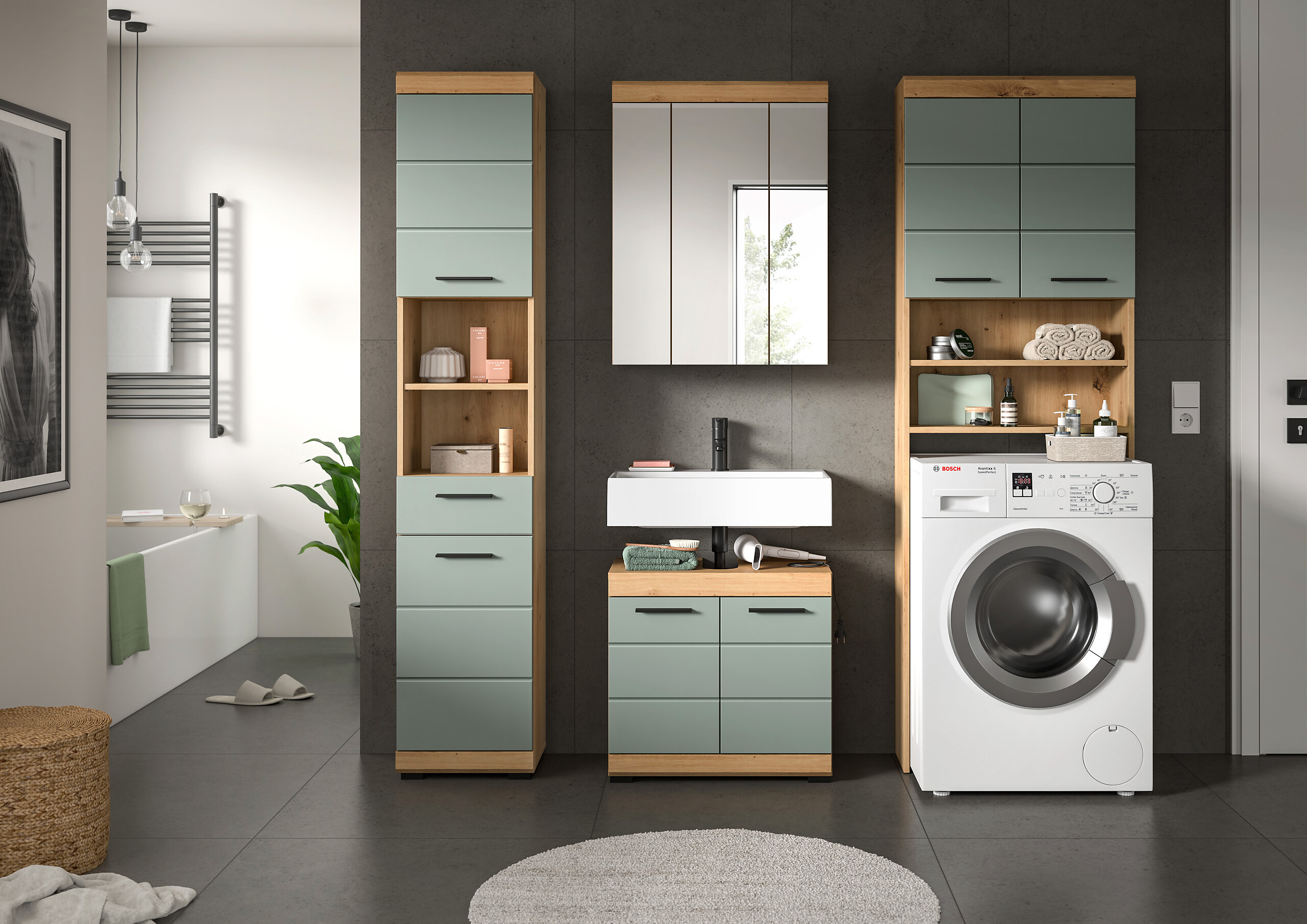 Badezimmer-Set Scout Eiche Artisan Nachbildung salbei Nachbildung B/H/T: ca. 190x191x34 cm