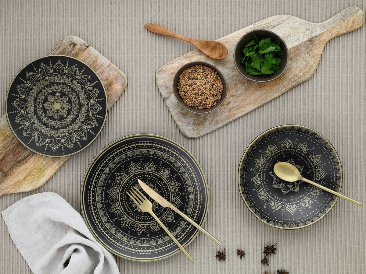 CreaTable Tafelservice MANDALA GOLD schwarz Steinzeug 12 tlg.