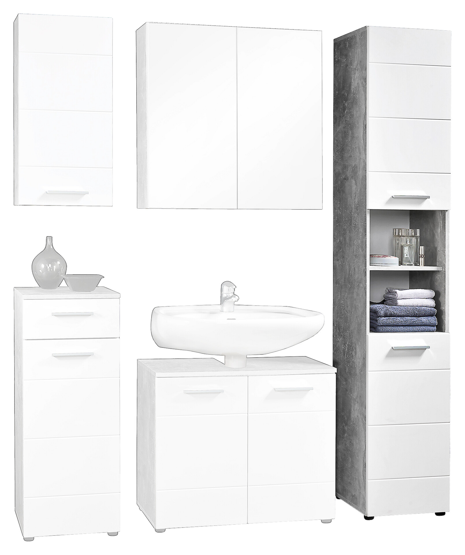 Badhochschrank Stockholm Beton Optik weiß Hochglanz B/H/T: ca. 35x191x35 cm