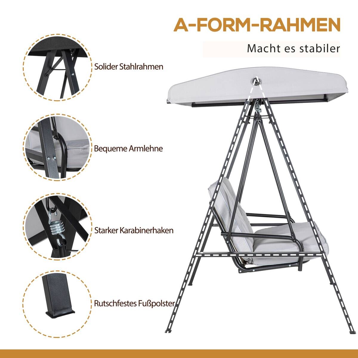 Outsunny Hollywoodschaukel grau Stahl B/H/L: ca. 116x172x145 cm