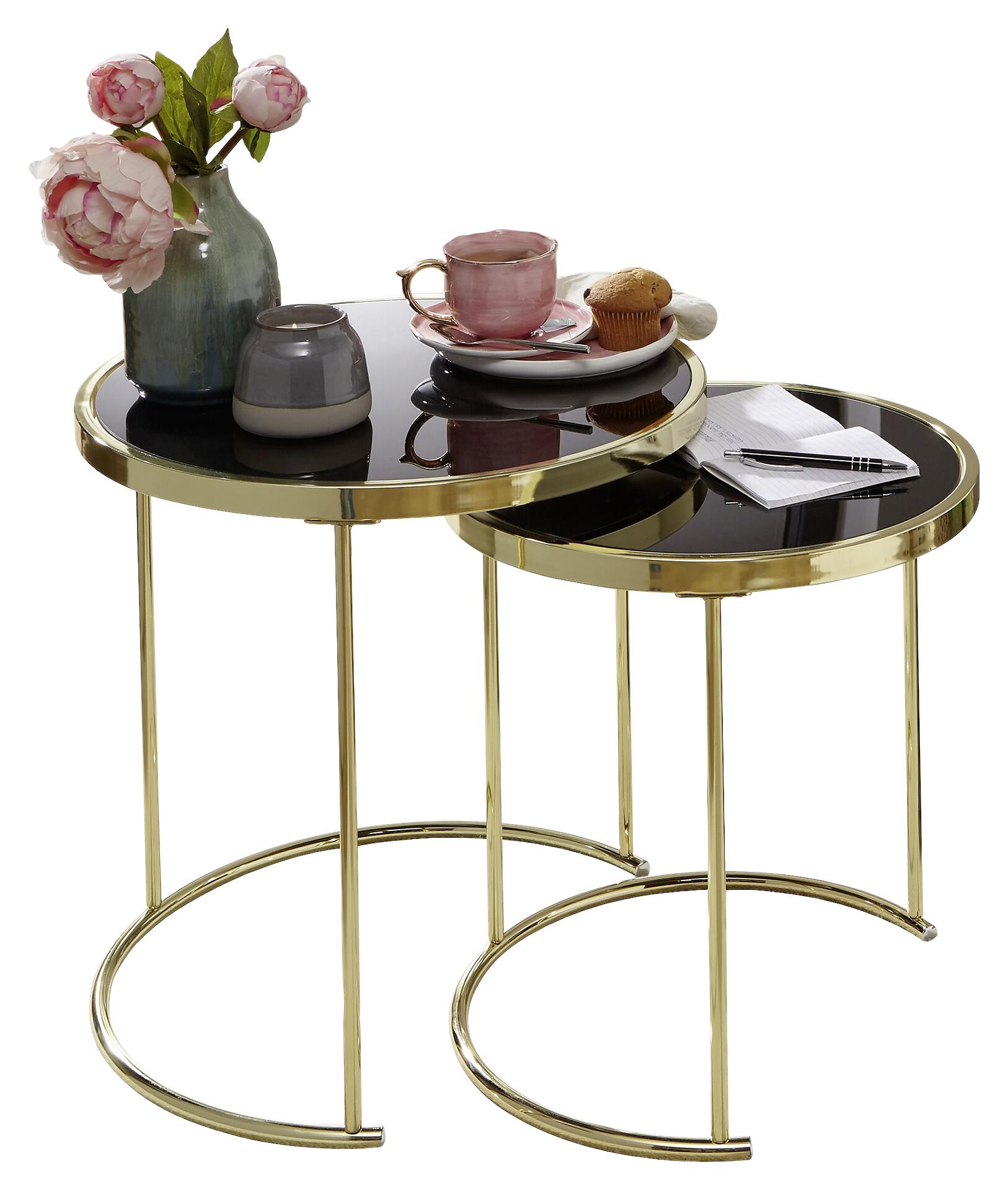 Beistelltisch 2er-Set schwarz gold lackiert Glas Metall
