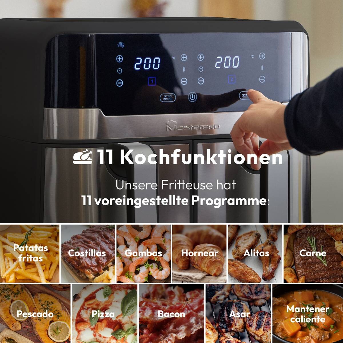 MASTERPRO Heißluftfritteuse Doppelbehälter BGMP-9178-BK silber Metall B/H/T: ca. 45x35,5x38 cm ca. 9 l