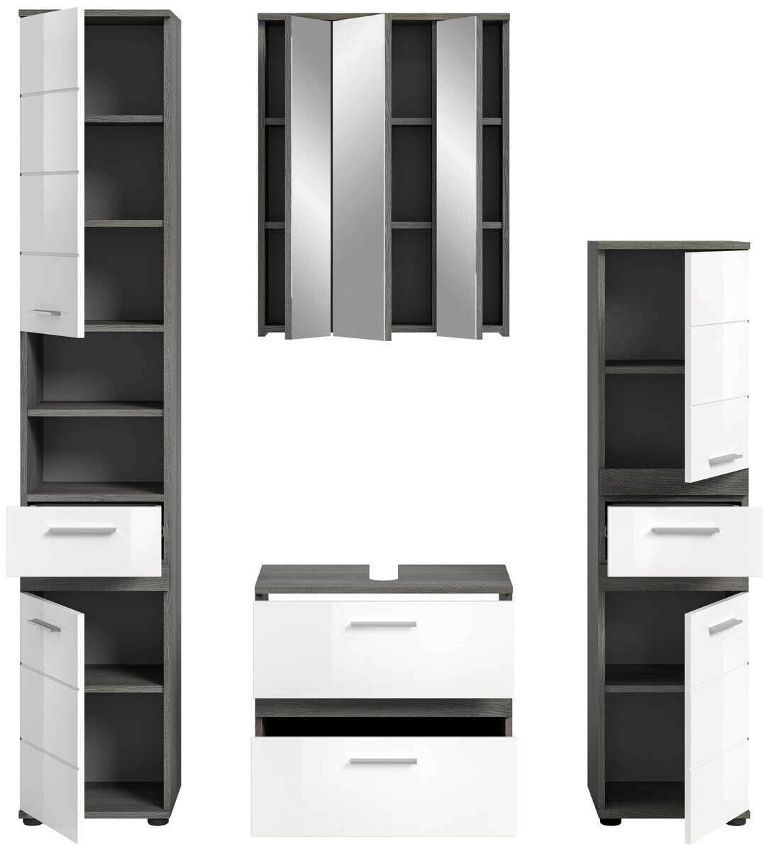 Badezimmer-Set BLAKE Rauchsilber Nachbildung weiß Hochglanz B/H/T: ca. 160x191x34 cm