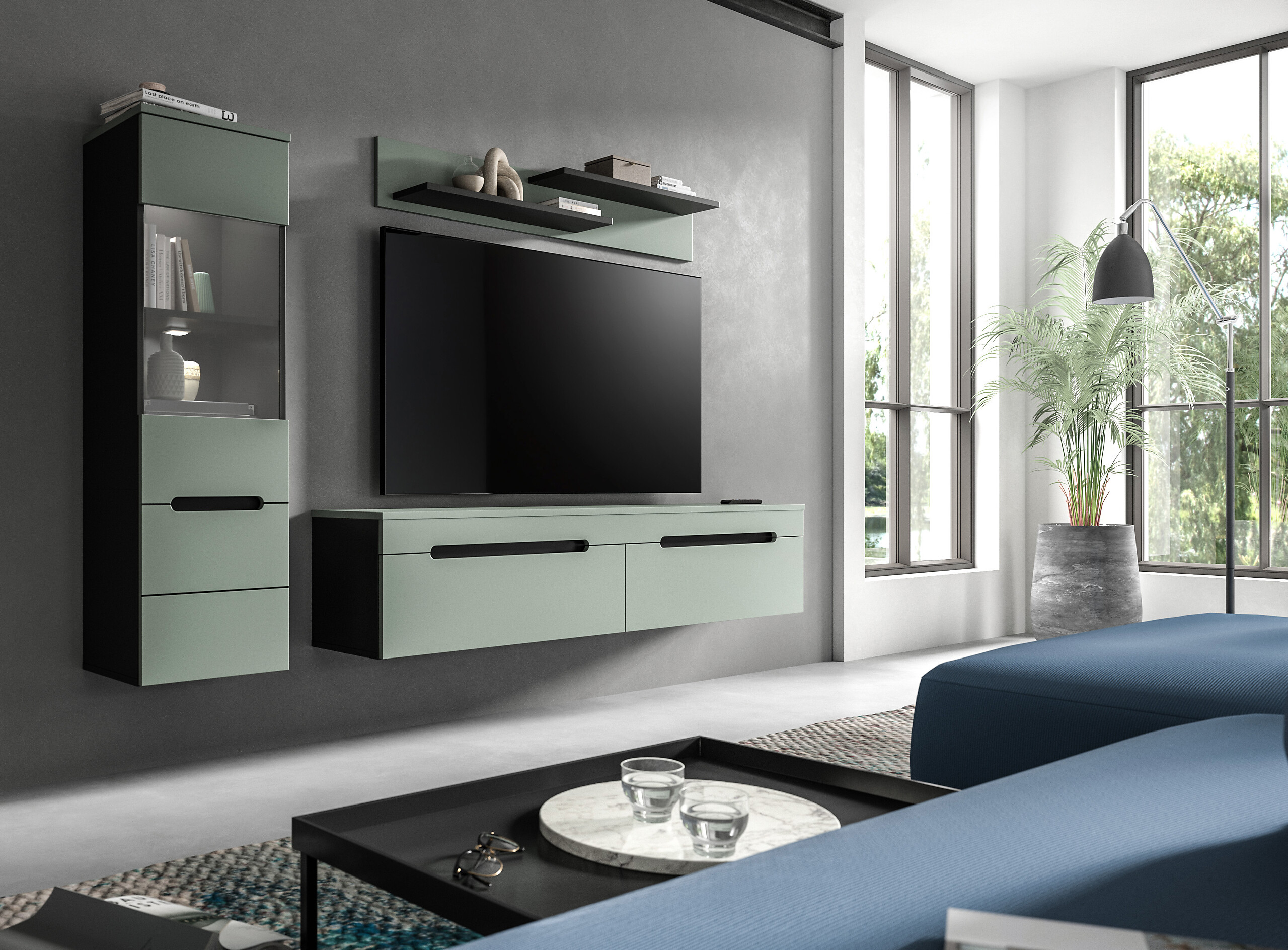 Wohnwand Canu grün basaltgrau Nachbildung B/H/T: ca. 221x141x33 cm