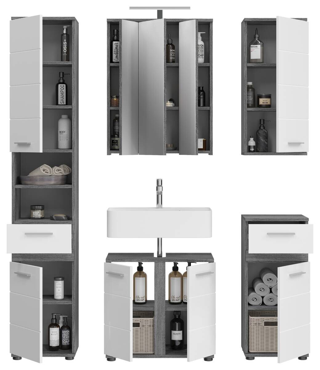 Badezimmer-Set BLAKE Rauchsilber Nachbildung weiß Hochglanz B/H/T: ca. 164x191x34 cm