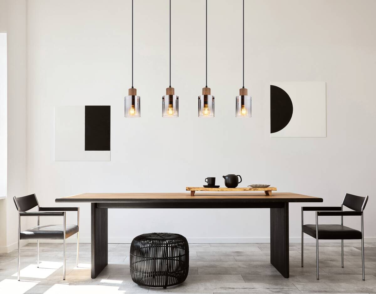 GLOBO Pendelleuchte UNDERWOOD 15915-4H dunkelbraun klar Rauch MDF Kunststoff Glas B/H/L: ca. 105x120x12 cm E27 4 Brennstellen