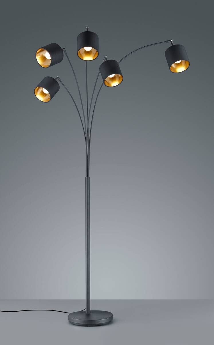 Reality Bogenleuchte Tommy mattschwarz gold Metall Stoff B/H/L: ca. 30x200x72 cm E14 5 Brennstellen