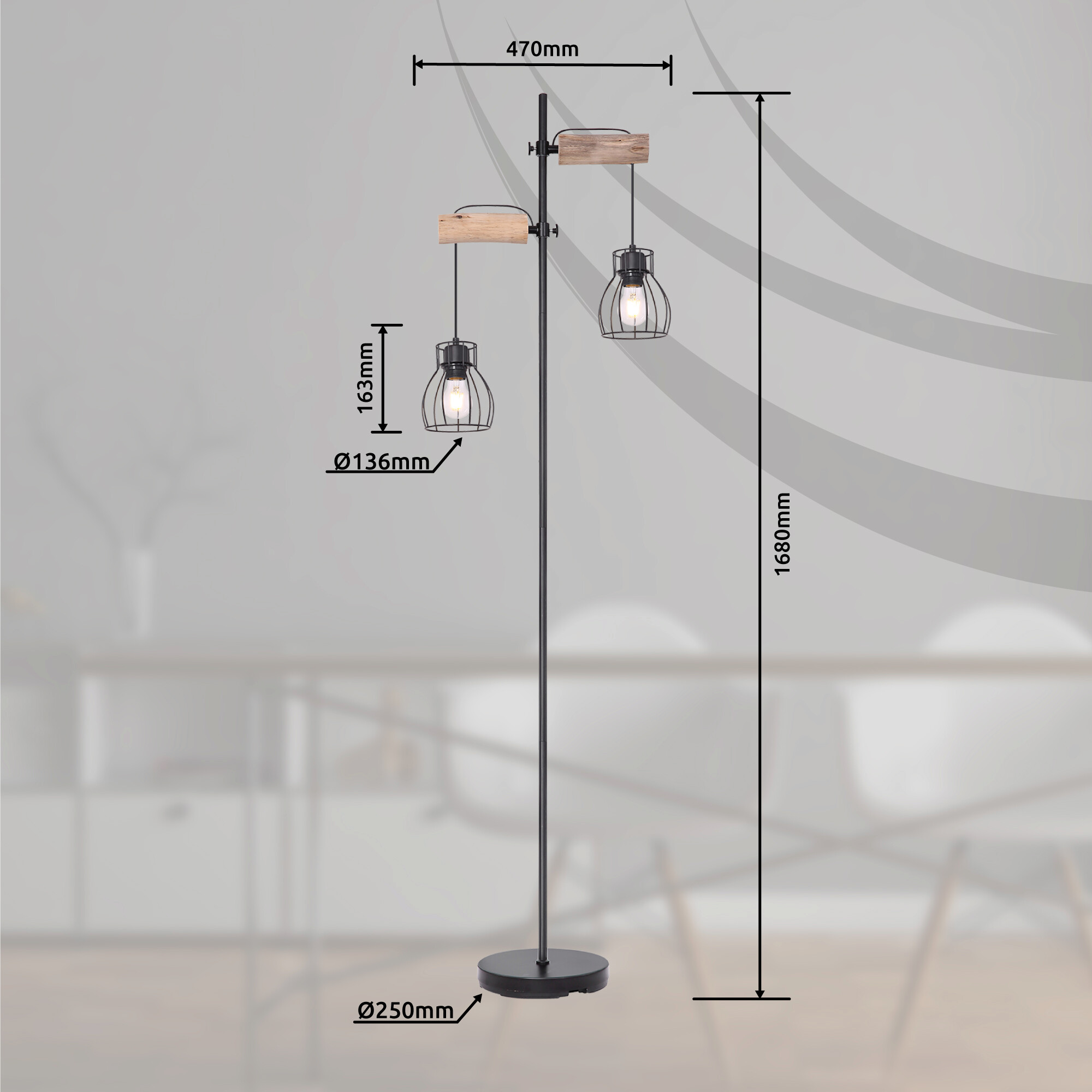 GLOBO Stehleuchte Mina schwarz natur Metall Holz H: ca. 168 cm E27 2 Brennstellen