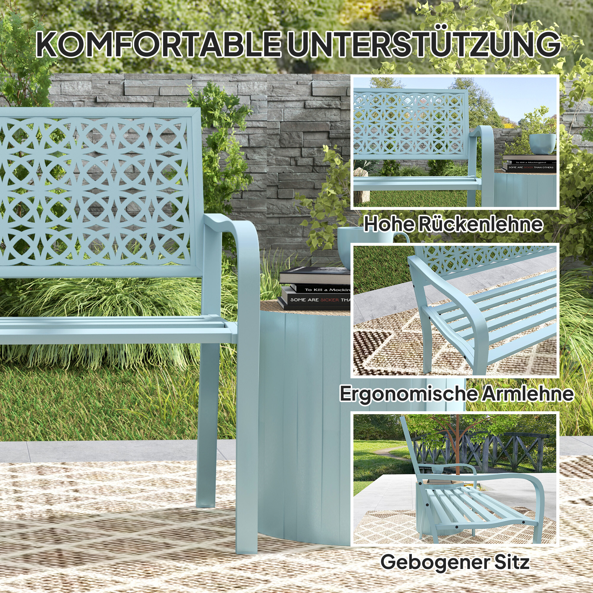 Outsunny Gartenbank blau Stahl B/H/L: ca. 63x85x127 cm