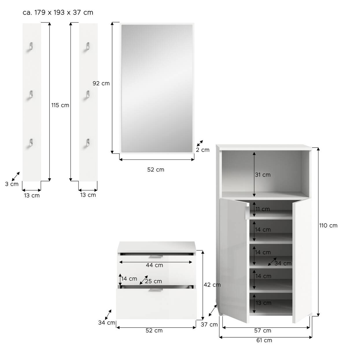 Garderobe PROJEKT X weiß weiß Hochglanz B/H/T: ca. 179x191x37 cm