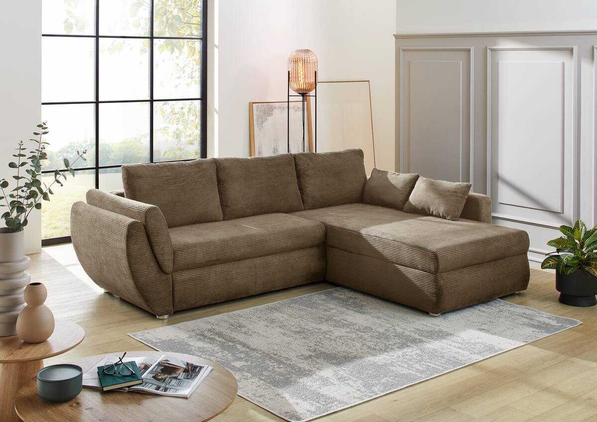 Ecksofa mit Bettfunktion und Bettkasten taupe Microfaser B/H/T: ca. 272x88x200 cm